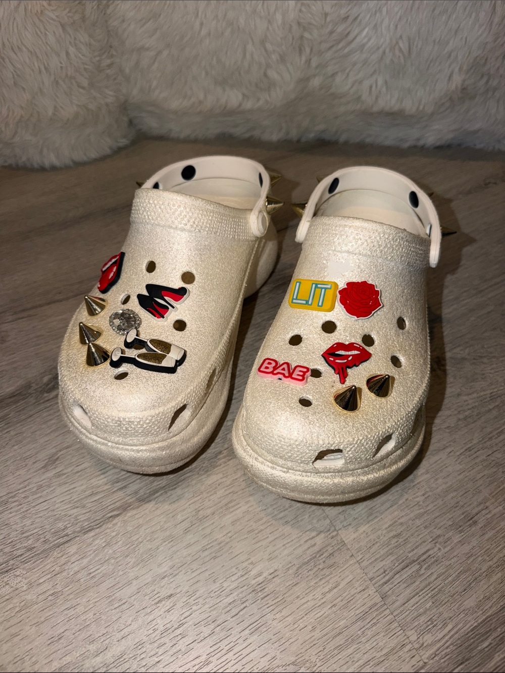 Women’s White Glitter Crocs Shoes with Studs & Charms